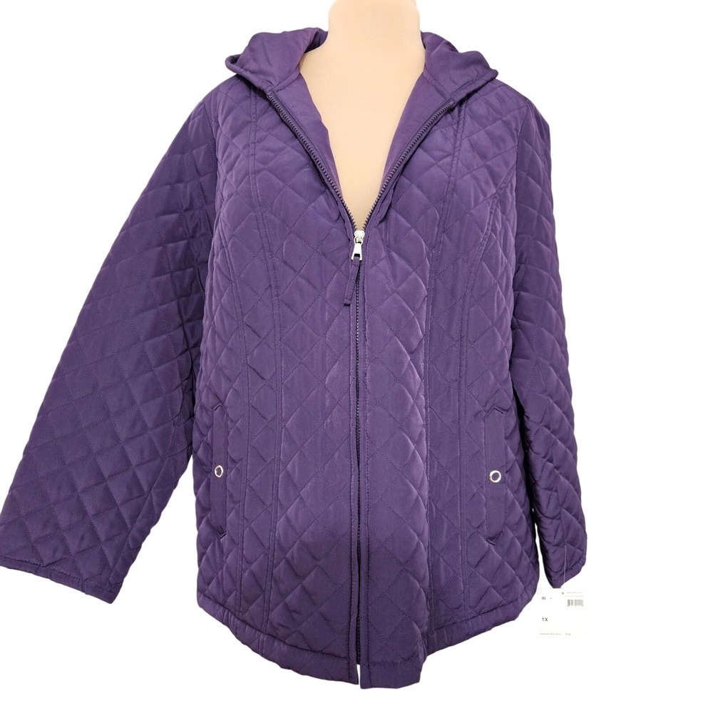 New Esprit Womens 1X Quilted Hooded Jacket Eggplant Purple Zip‎ Barn Coat